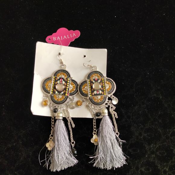 Iris Apfel & Bajalia Gray & Silver Embellished Tasseled HUGE Statement Earrings - Picture 2 of 11